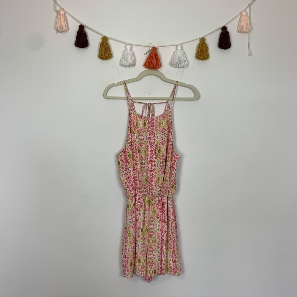 Everly Open Back Watercolor Pattern Romper Pink Green Size Large